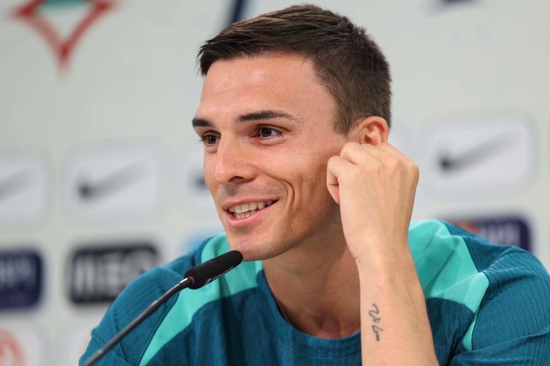 El jugador de Portugal Joao Palhinha en rueda de prensa en Marienfeld, Harsewinkel, Alemania. EFE/EPA/MIGUEL A. LOPES